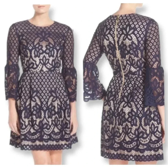 Eliza J Navy & Nude Romantic Lace Bell Sleeve Short Dress Size 2 Cocktail Party - Picture 1 of 14